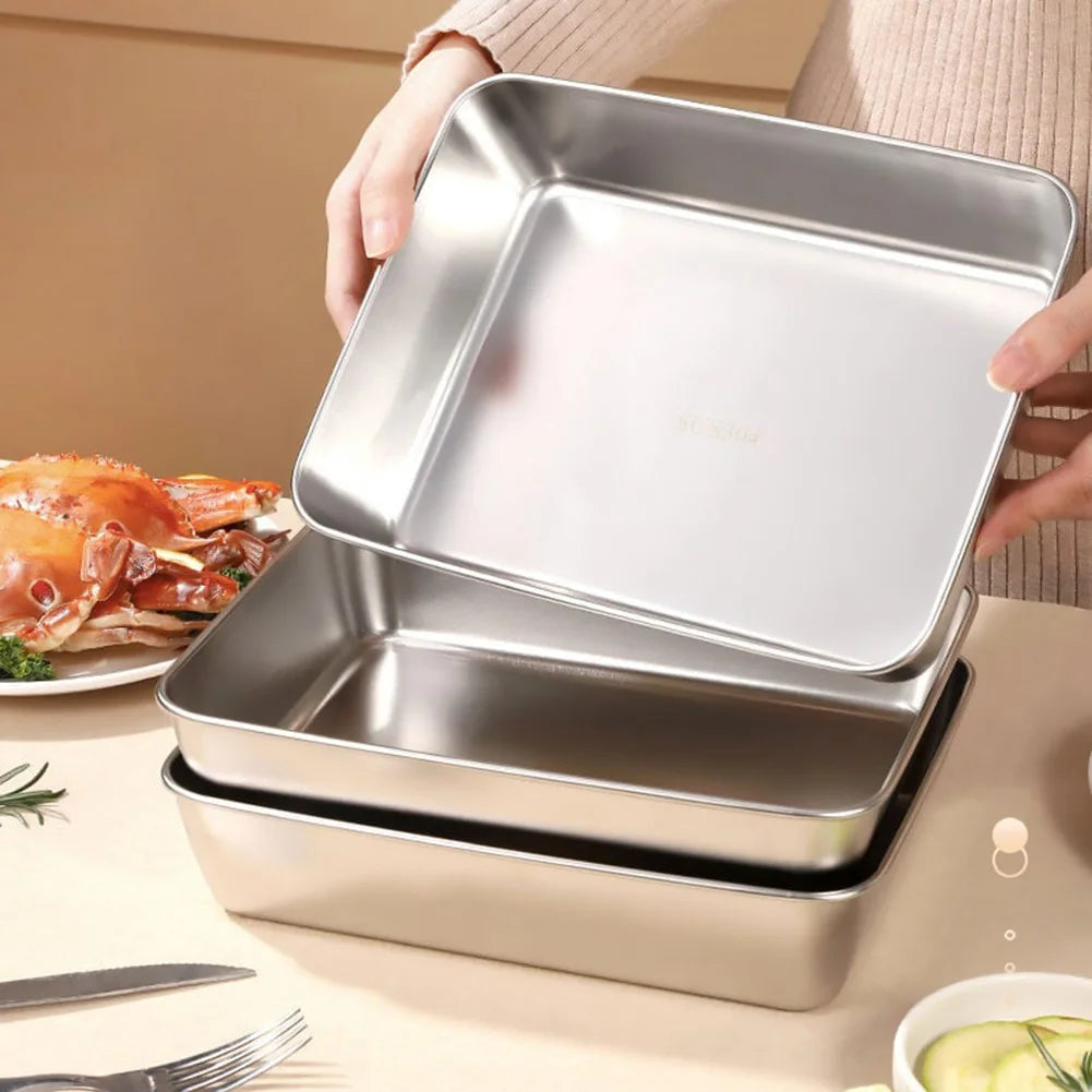 Stainless Steel Square Plate Thickened Lunch Bento Box Tray With Lid