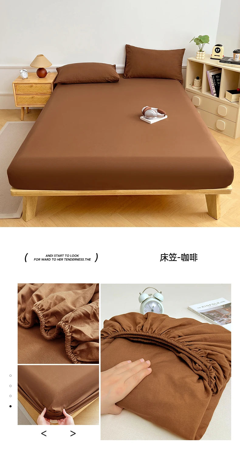 Washed Cotton Solid Color Fitted Sheet with Elastic Bands Non Slip Adjustable Mattress Cover Printed for Double King Queen