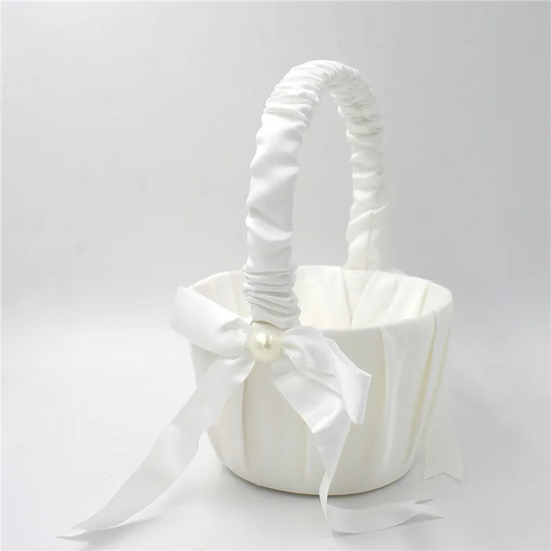 20cm White Girls Flower Basket Silk Wedding Basket for Flower Bride Girls Kids Hand Held Wedding Ceremony Party Decorations