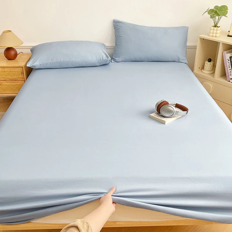 Washed Cotton Solid Color Fitted Sheet with Elastic Bands Non Slip Adjustable Mattress Cover Printed for Double King Queen