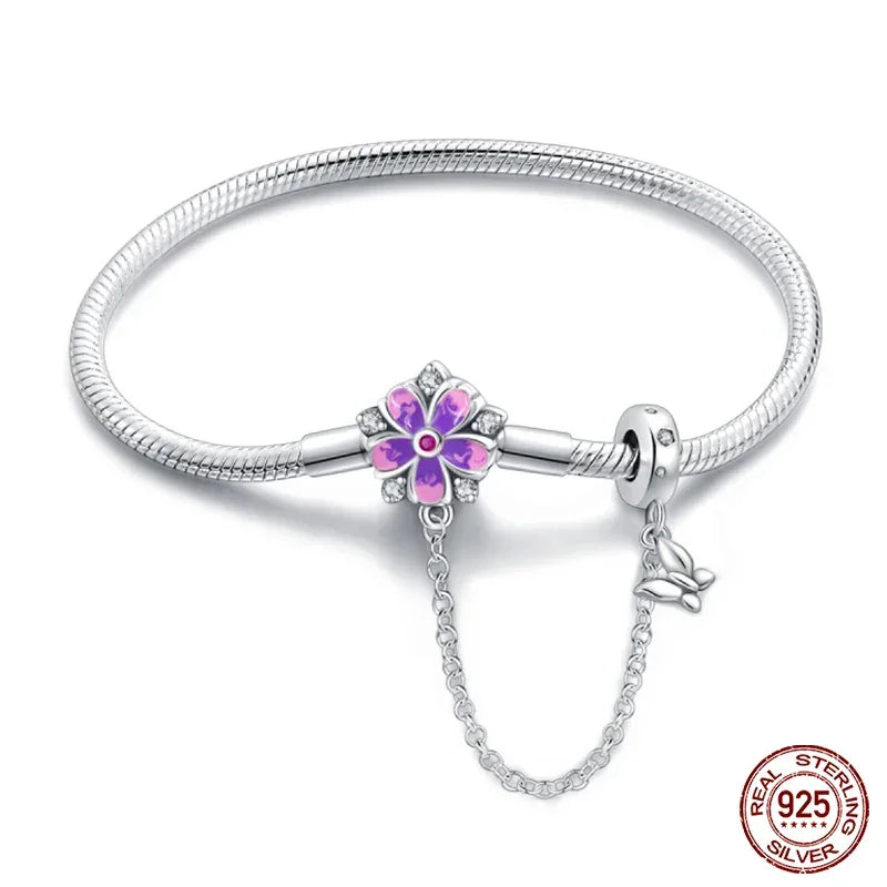 Enchanting Floral Sterling Silver Charm Bracelet With Safety Chain