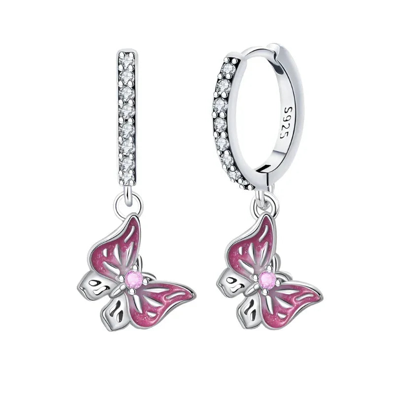 Delicate Pink Butterfly Sterling Silver Hoop Earrings with Cubic Zirconia
