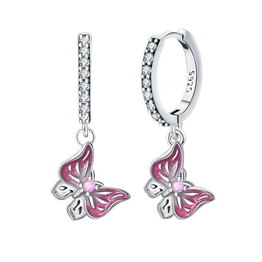 Delicate Pink Butterfly Sterling Silver Hoop Earrings with Cubic Zirconia