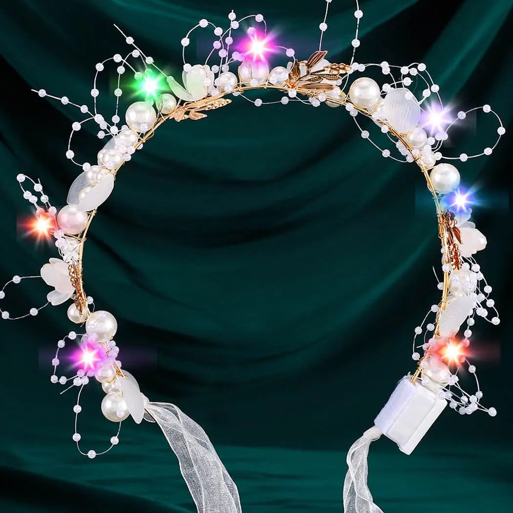 Light Up White Wedding Headbands LED Pearl Flower Princess Headpiece Leaves Hairband Bridal Wedding for Women Girl