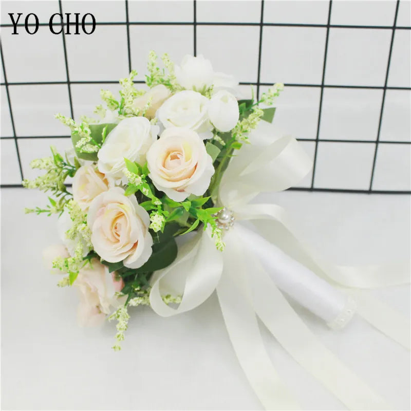Bridal Bridesmaid Wedding Bouquet White Pink Champagne Artificial Rose Bride Holding Flowers Mariage Decor Wedding Accessories