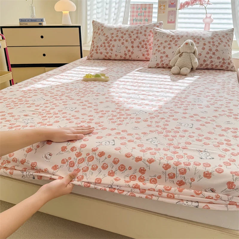 1pc Floral Fitted Bed Sheet Flower Printed Washed Cotton Bed Sheet with Elastic Single/Queen/King Size Bed Fitted Sheets