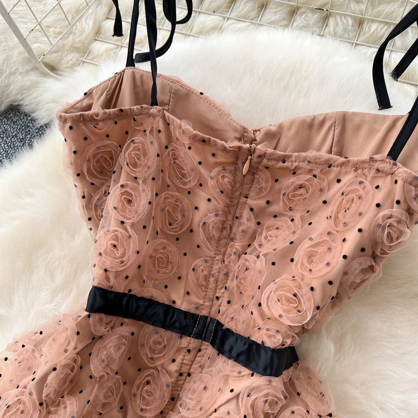 SINGREINY 3D Roses Mesh Straps Dress Polka Dots Backless Zipper Irregular Sundress Women French Senior Chic Evening Long Dress