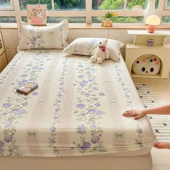 100% Cotton Floral Fitted Sheet Set - Includes Pillowcase, Single/Queen/King Size Mattress Covers(Breathable)