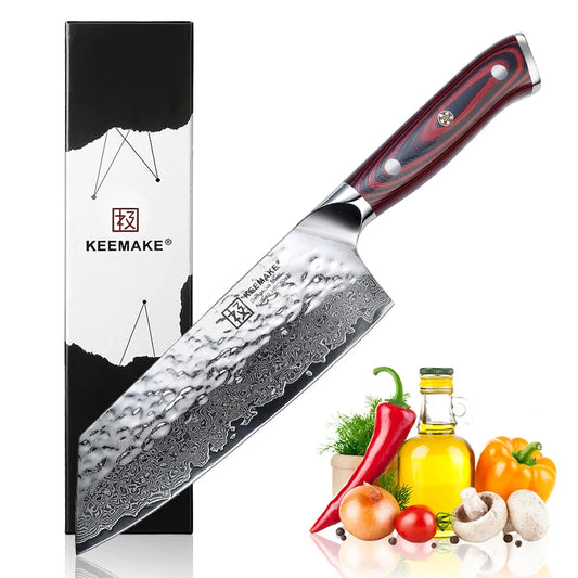 KEEMAKE 7" Inch Nakiri Chef's Knife Damascus Steel Japanese Cleaver Knife Kitchen Ultra Sharp Vegetable Fruit Meat Cutting Knife