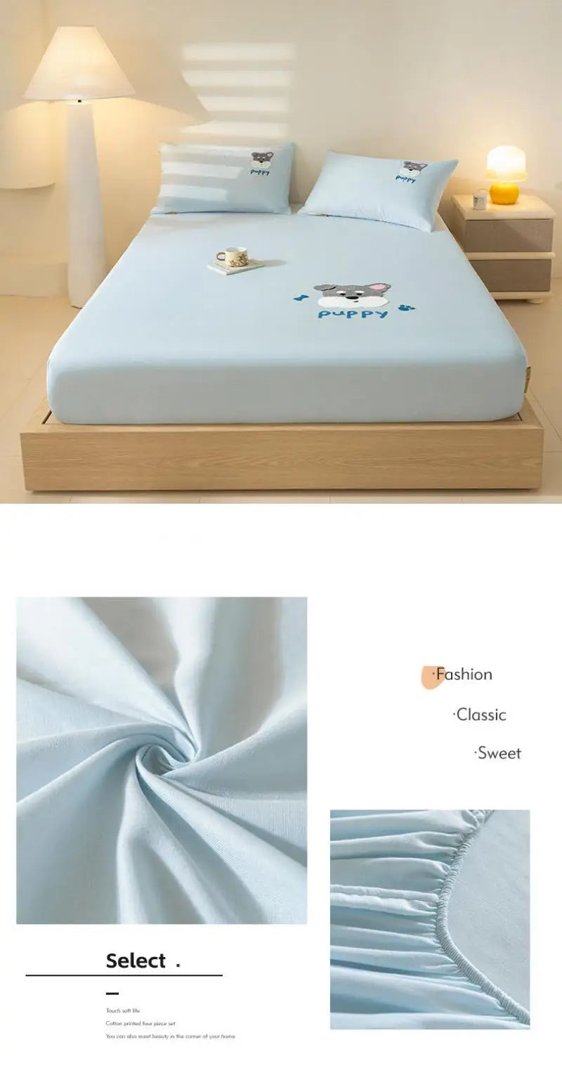 100% Cotton Cartoon Towel Embroidered Fitted Sheet A-Class Single Bed Cover for All Seasons Anti-Slip Mattress Protective Cover