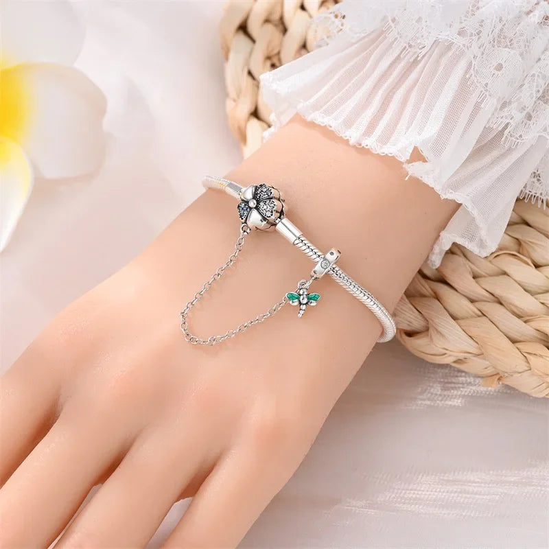 Delicate Sterling Silver Bracelet With Clover And Dragonfly Charms