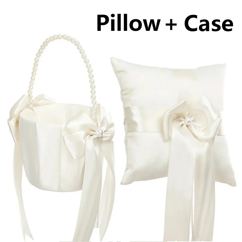 New Wedding Ivory Flower Baskets Ribbon Pearls Bow Knot Ring Pillow Cushion Bearer Bridal Party Supplies Gifts Home Decorations