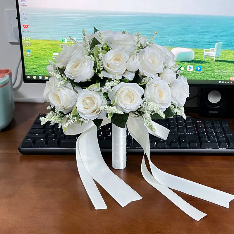 Bride Bouquet Wedding Accessories Silk Roses Artificial Flowers Bridesmaid Bouquet Groom Boutonniere Corsage Wedding Party Decor