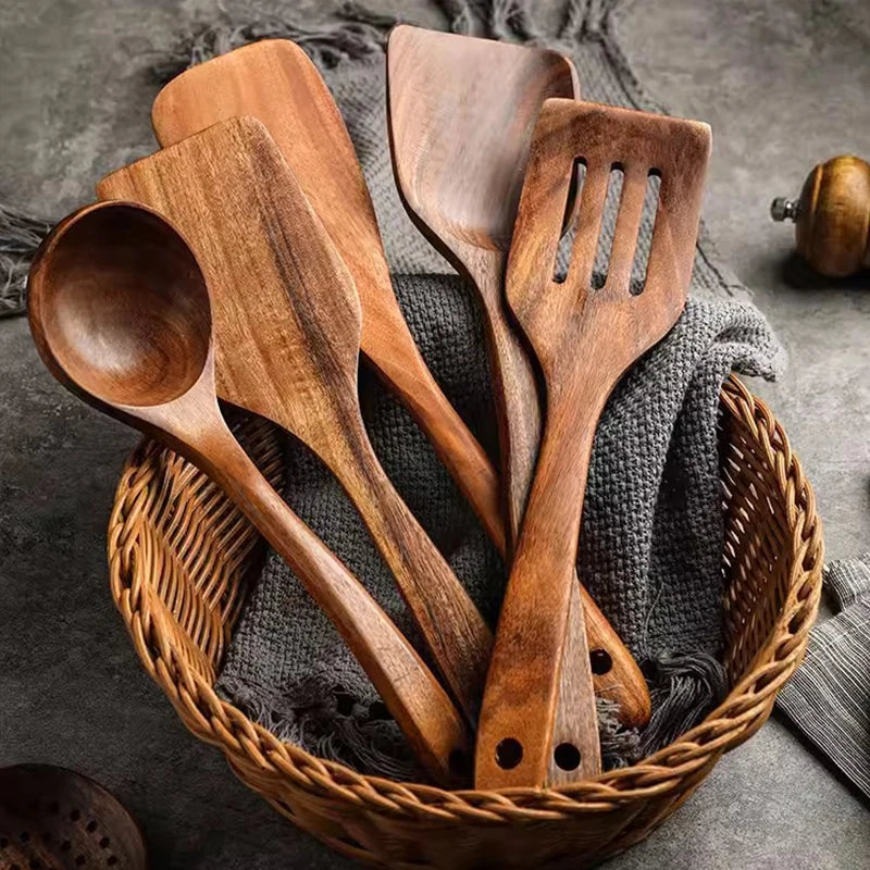 YWDL Natural Teak Cooking Spoon Scoop Kitchen Wooden Spatula Non-stick Utensils Set For Cooking With Hanging Hooks Cookware Tool