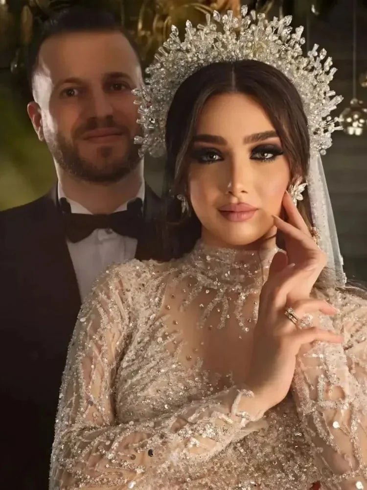 Flavinke Customized Princess Wedding Dresses Dubai Arabic Long Sequined Sleeves High Neck Bridal Gowns Tulle Vestido De Novia