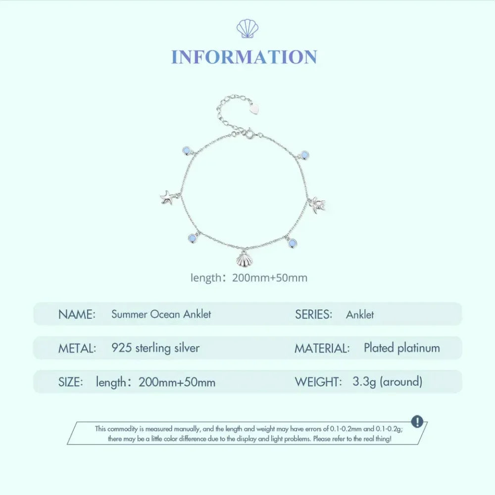 925 Sterling Silver Seastar And Shell Pendant Anklet | Simple Chain Foot Jewelry For Women | Platinum Plated Summer Jewelry