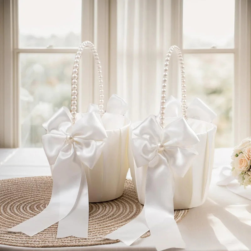 New Wedding Ivory Flower Baskets Ribbon Pearls Bow Knot Ring Pillow Cushion Bearer Bridal Party Supplies Gifts Home Decorations