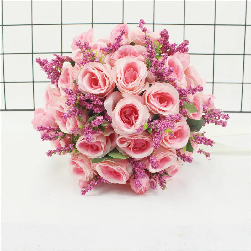 Bridal Bridesmaid Wedding Bouquet White Pink Champagne Artificial Rose Bride Holding Flowers Mariage Decor Wedding Accessories