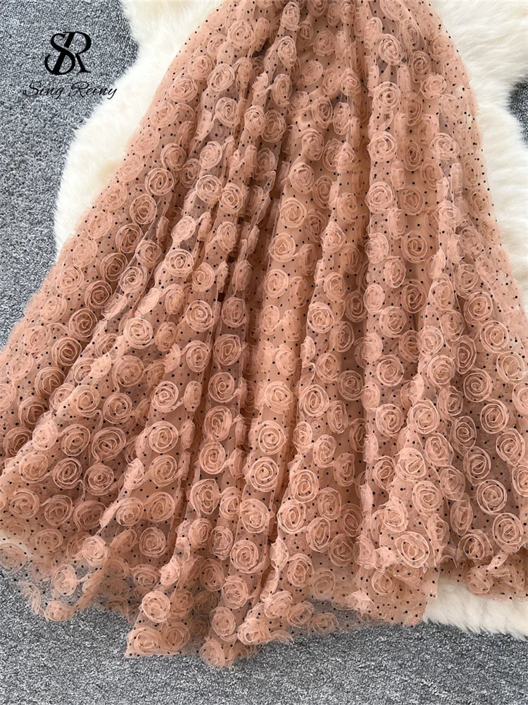 SINGREINY 3D Roses Mesh Straps Dress Polka Dots Backless Zipper Irregular Sundress Women French Senior Chic Evening Long Dress