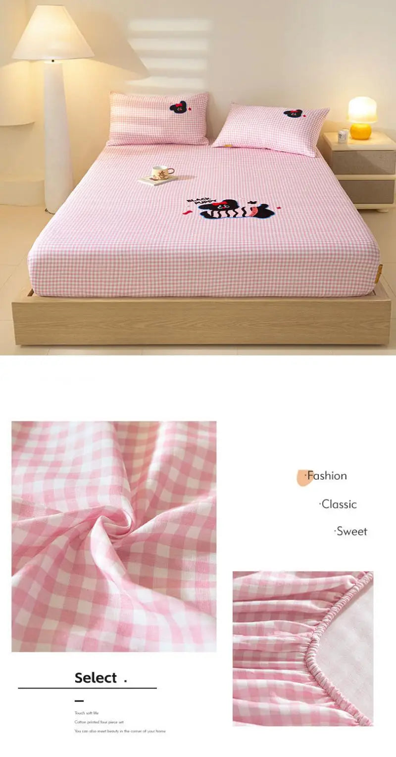 100% Cotton Cartoon Towel Embroidered Fitted Sheet A-Class Single Bed Cover for All Seasons Anti-Slip Mattress Protective Cover