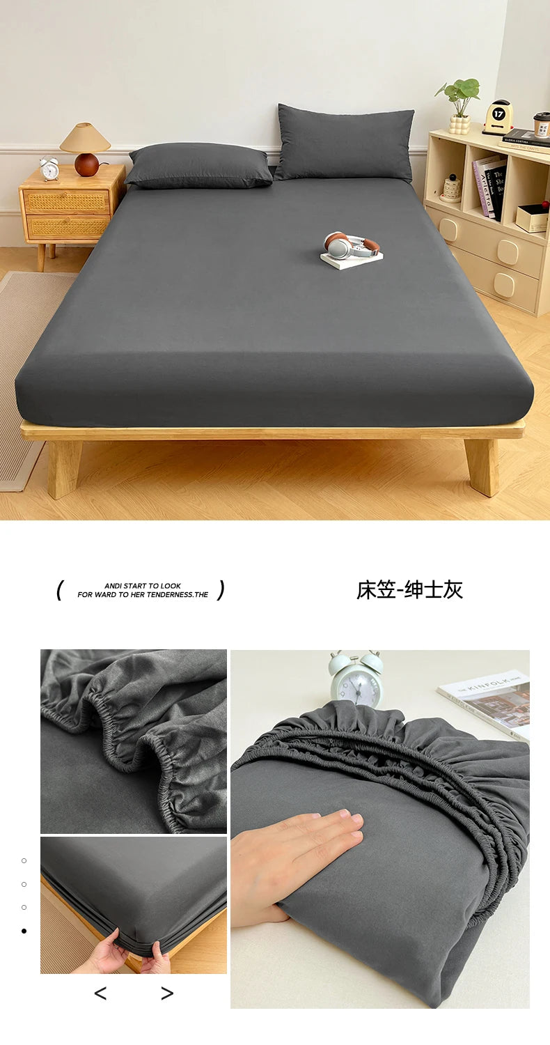 Washed Cotton Solid Color Fitted Sheet with Elastic Bands Non Slip Adjustable Mattress Cover Printed for Double King Queen