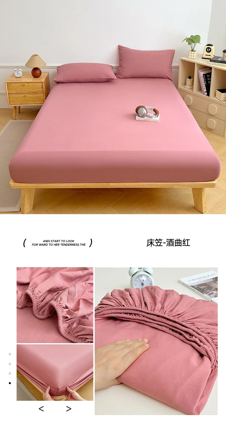 Washed Cotton Solid Color Fitted Sheet with Elastic Bands Non Slip Adjustable Mattress Cover Printed for Double King Queen