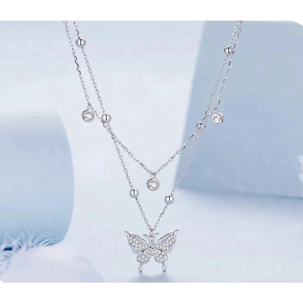 925 Sterling Silver Double-layer Tassel Butterfly Pendant Necklace for Women - Elegant Fine jewelry