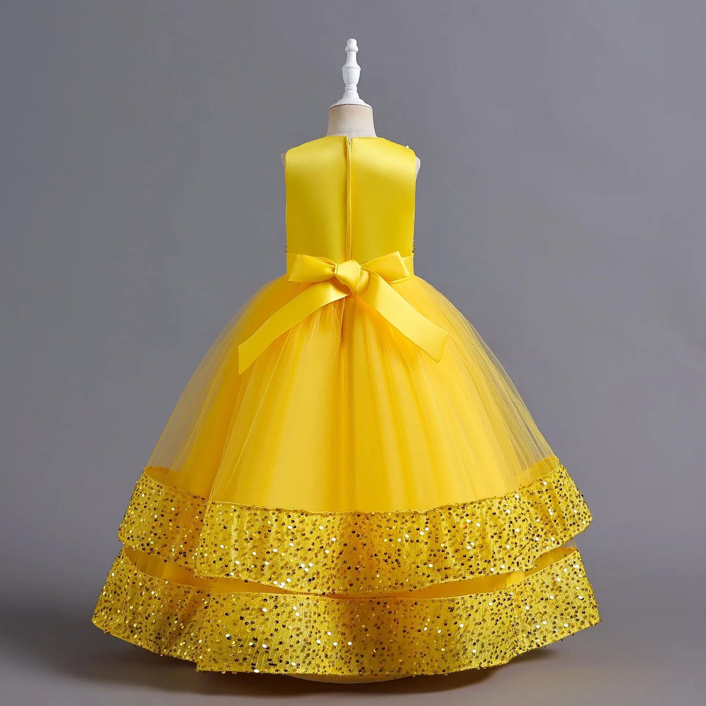 Children's Sequins Bowknot Princess Dress Girls' Fashion Pearl Cake Long Dress Christmas Banquet Host Show Dress