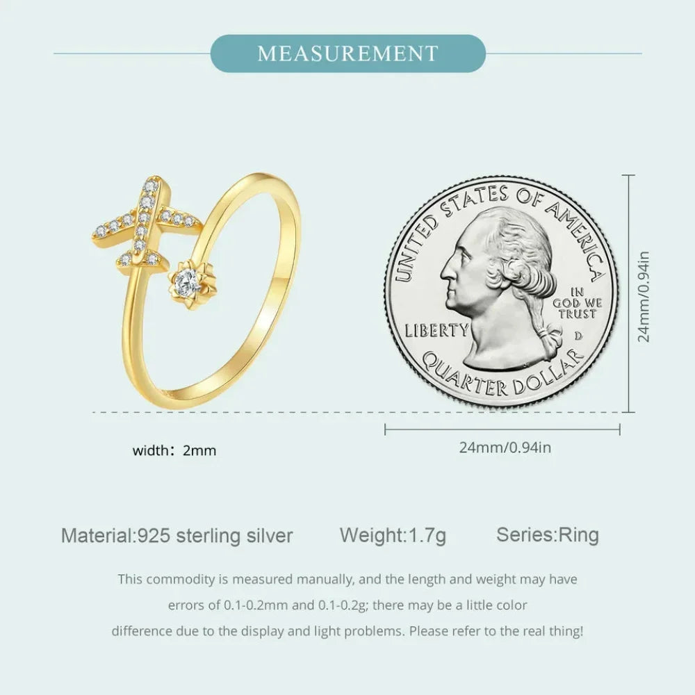 Genuine 925 Sterling Silver Flying Plane Open Adjustable Ring With Clear Cz - Fine Jewelry