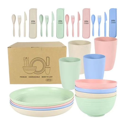 16pcs/set tableware eco friendly degradable plates cup dinner set wheat straw kitchen