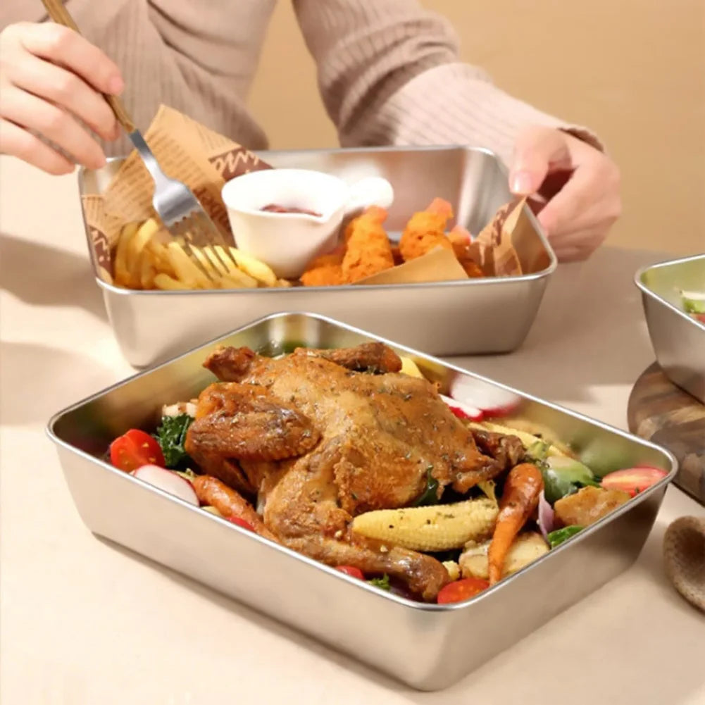 Stainless Steel Square Plate Thickened Lunch Bento Box Tray With Lid
