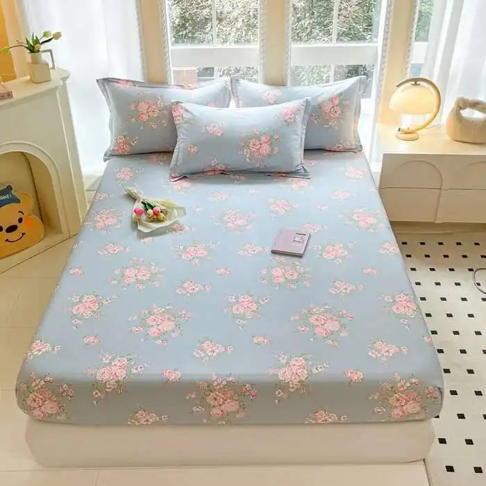 100% Cotton Floral Fitted Sheet Set - Includes Pillowcase, Single/Queen/King Size Mattress Covers(Breathable)