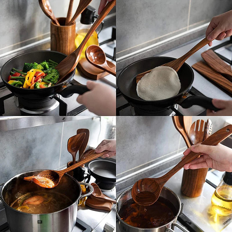 YWDL Natural Teak Cooking Spoon Scoop Kitchen Wooden Spatula Non-stick Utensils Set For Cooking With Hanging Hooks Cookware Tool