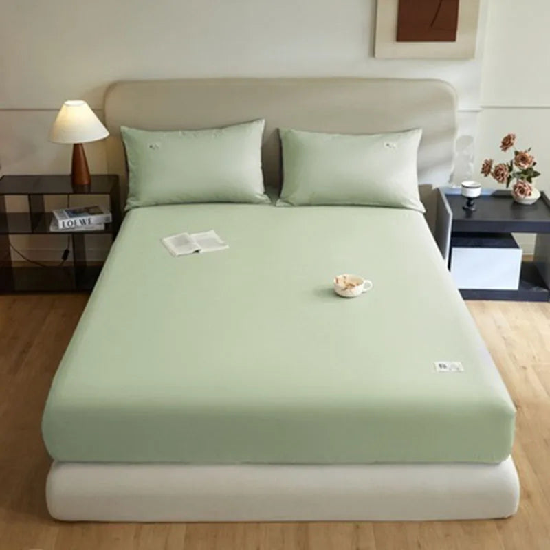Pure Cotton Solid Anti-Slip Fitted Sheet European Skin-Friendly Mattress Protector for Bedroom Soft Dust Cover for All Seasons