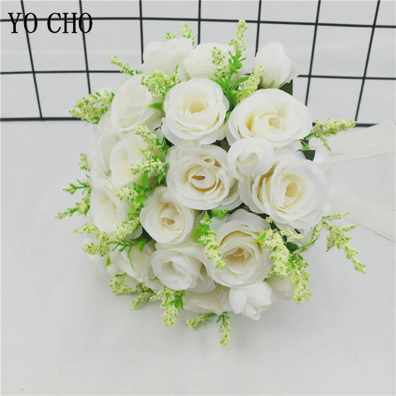 Bridal Bridesmaid Wedding Bouquet White Pink Champagne Artificial Rose Bride Holding Flowers Mariage Decor Wedding Accessories