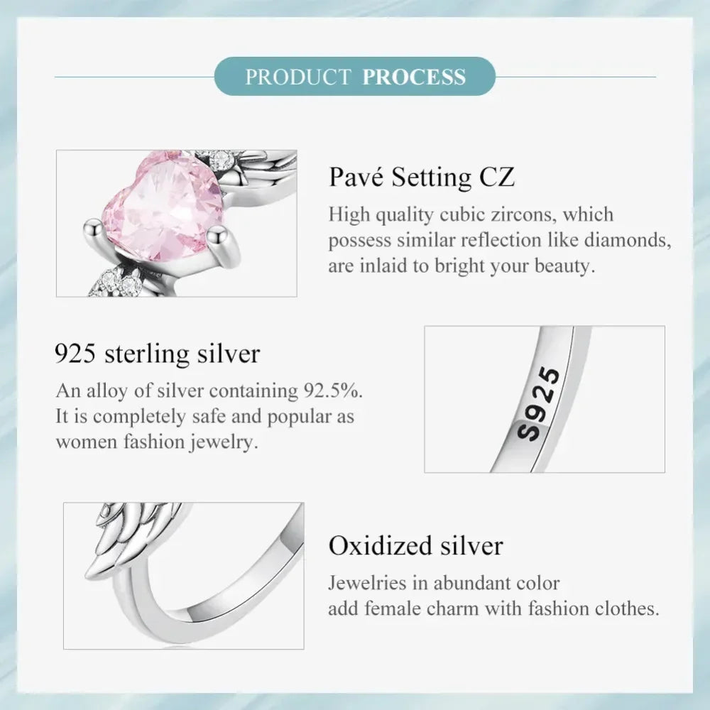 925 Sterling Silver Pink Heart Zircon Ring for Women - Love & Wing Ring