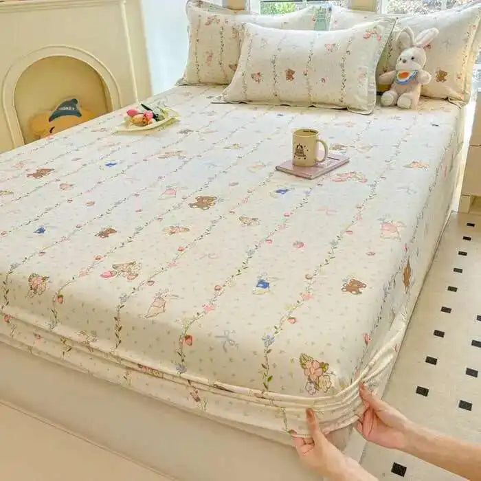 100% Cotton Floral Fitted Sheet Set - Includes Pillowcase, Single/Queen/King Size Mattress Covers(Breathable)