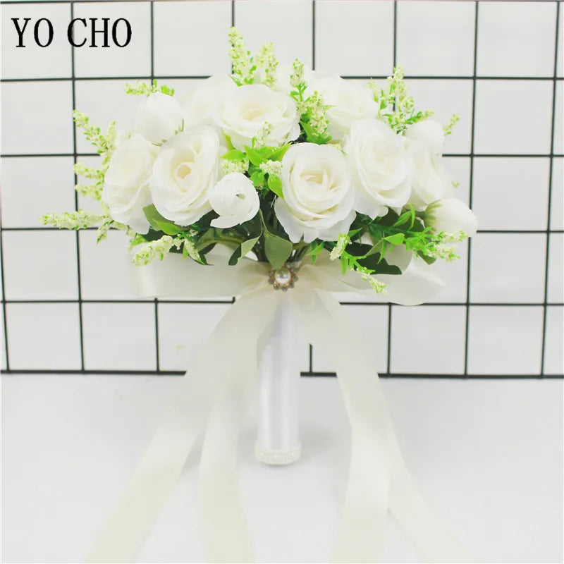 Bridal Bridesmaid Wedding Bouquet White Pink Champagne Artificial Rose Bride Holding Flowers Mariage Decor Wedding Accessories