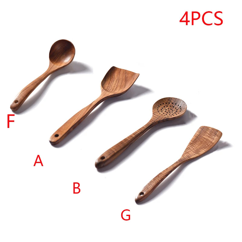 YWDL Natural Teak Cooking Spoon Scoop Kitchen Wooden Spatula Non-stick Utensils Set For Cooking With Hanging Hooks Cookware Tool