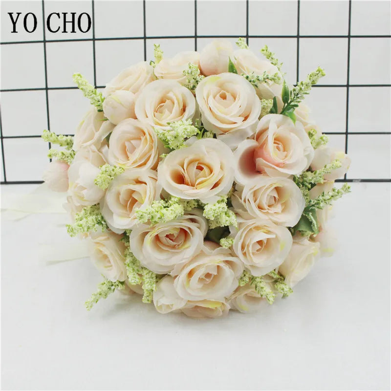 Bridal Bridesmaid Wedding Bouquet White Pink Champagne Artificial Rose Bride Holding Flowers Mariage Decor Wedding Accessories
