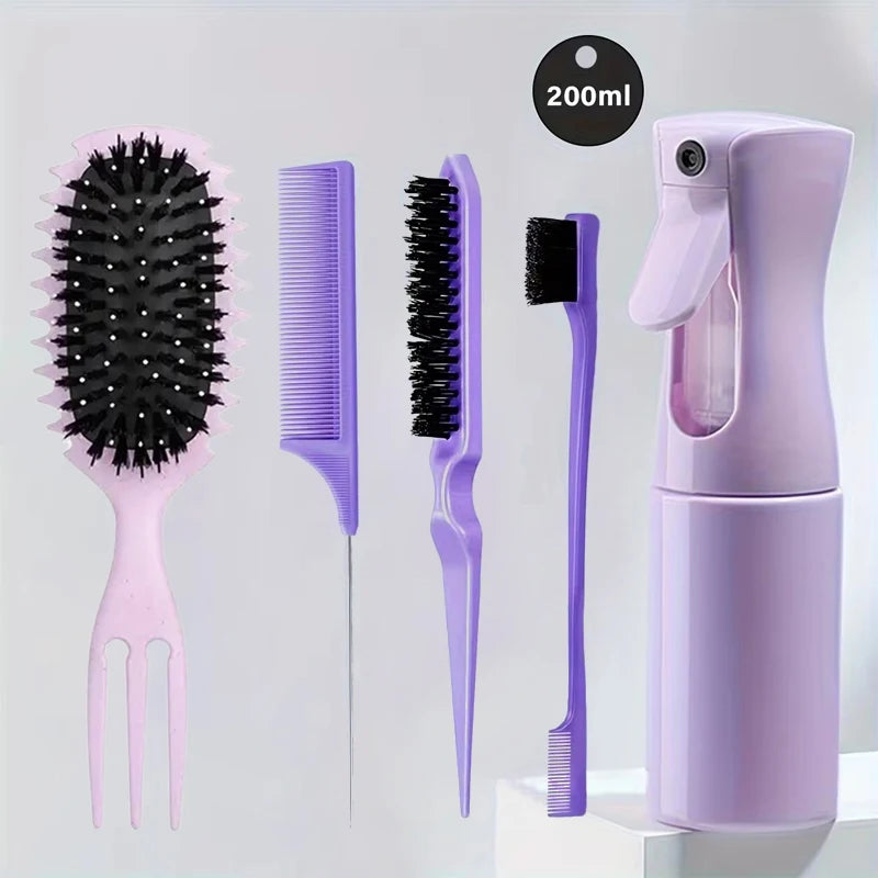 5-pcs Detangling Styling Set: Spray Bottle 3-in-1 Roll Hair Comb Curved Rat Tail Comb Edge Control Brush Salon Hairdressing Tool
