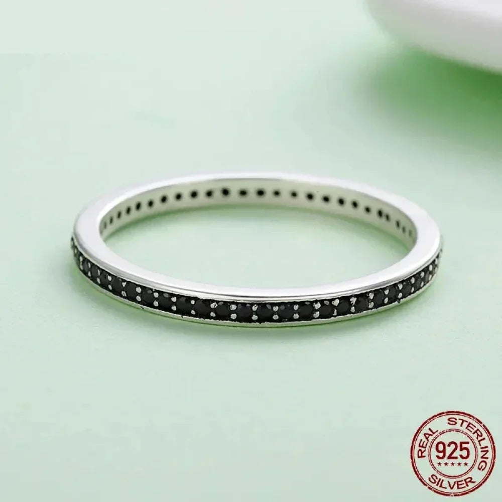 Breathtaking 925 Sterling Silver Double Circle Black Clear Cz Stackable Ring