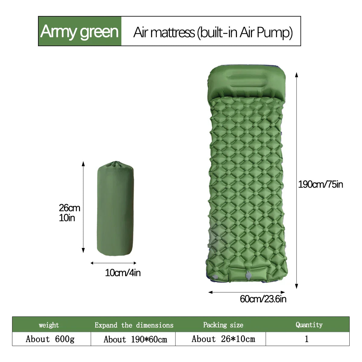 Inflatable Camping Mattress with Pillow  Built-In Pump Air Green-3