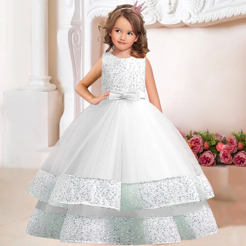 Children's Sequins Bowknot Princess Dress Girls' Fashion Pearl Cake Long Dress Christmas Banquet Host Show Dress