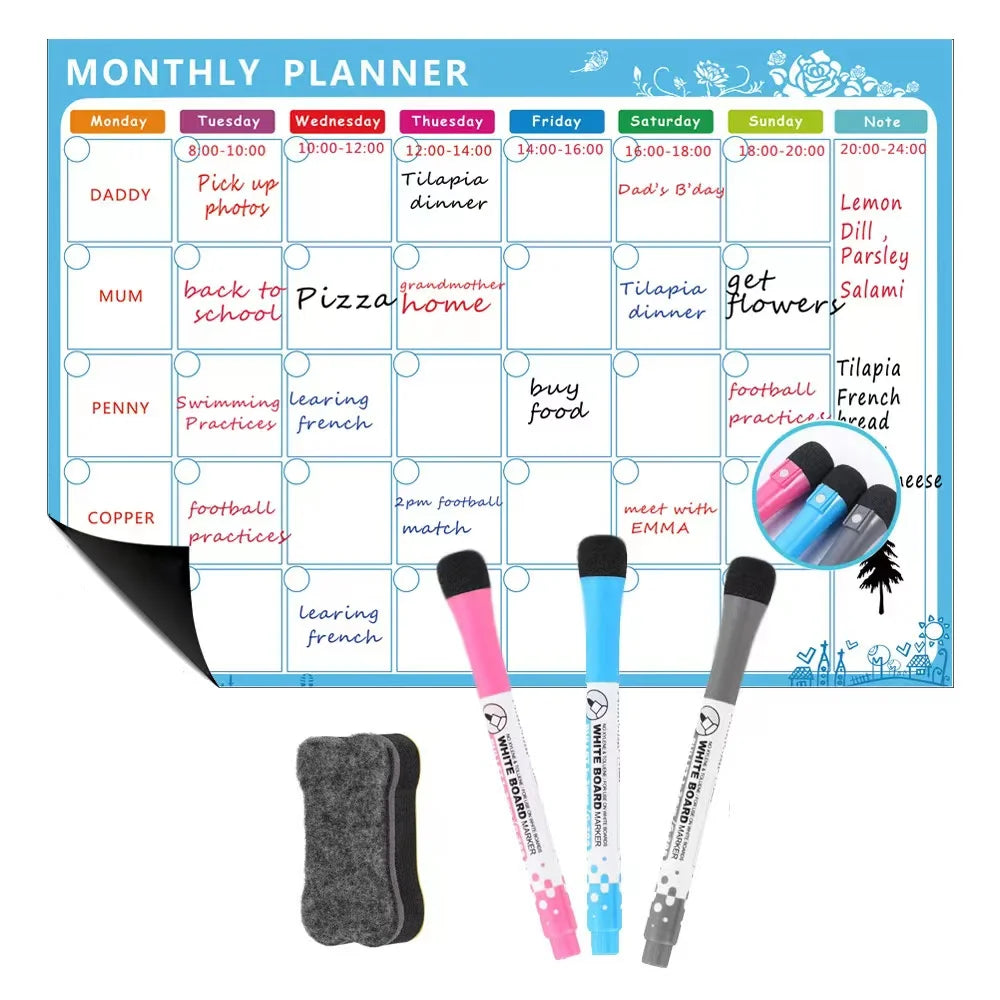 1 Set Magnetic Refrigerator Dry Erase Calendar 12" X 16" Monthly Planner Whiteboard Message Organizer For Kitchen Fridge With Fr