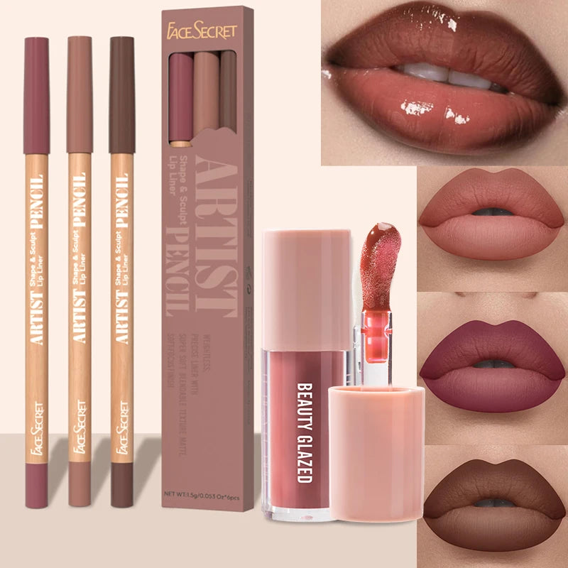 FACE SECRET 4Pcs/Set,Moisturizing Fresh Lightweight Plumping Lip Gloss With Brown LipLiner Set Non-Sticky Liquid Lipstick Makeup