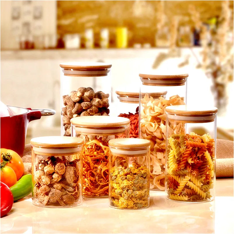 Glass Jar with Bamboo Lid, Kitchen Sealed Storage Bottles, Tea Coffee Bean Container, Spice Organizer, 250 ml, 300 ml, 350 ml