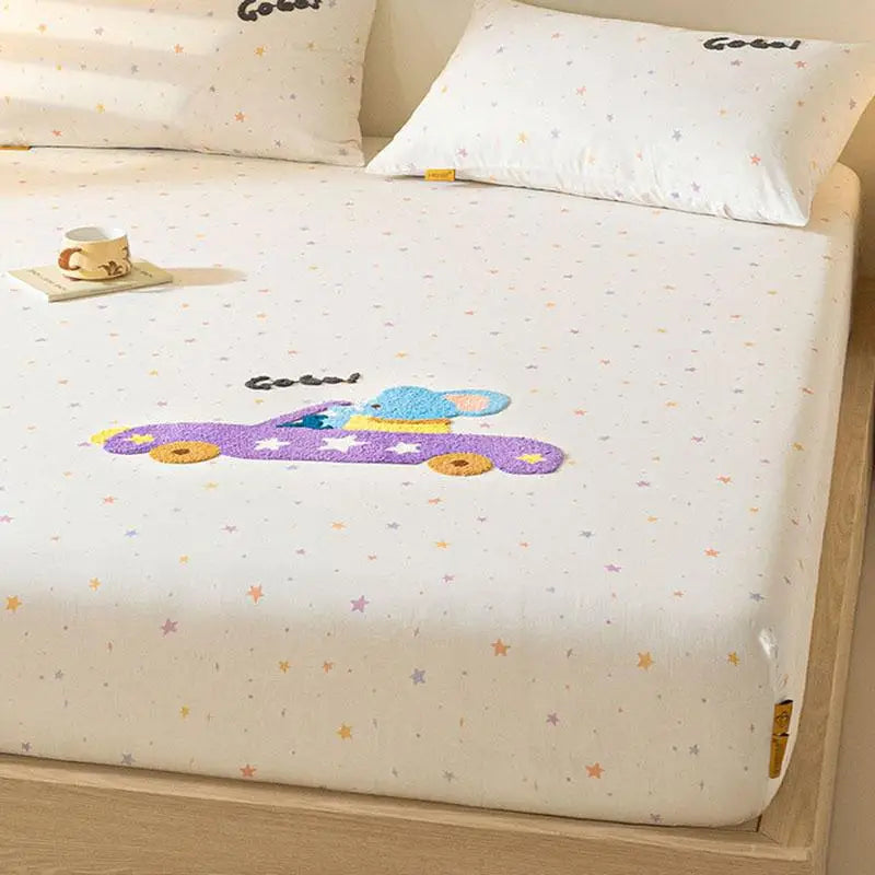 100% Cotton Cartoon Towel Embroidered Fitted Sheet A-Class Single Bed Cover for All Seasons Anti-Slip Mattress Protective Cover