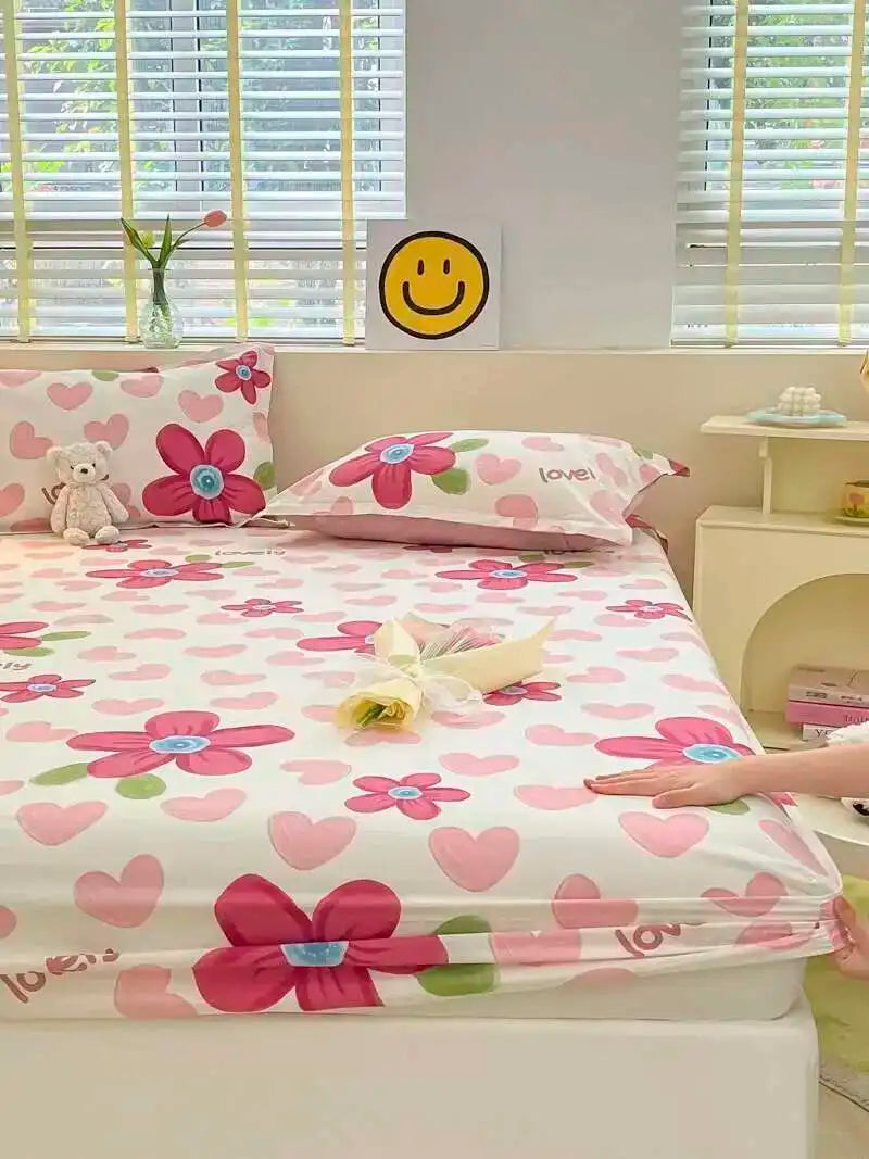 100% Cotton Floral Fitted Sheet Set - Includes Pillowcase, Single/Queen/King Size Mattress Covers(Breathable)