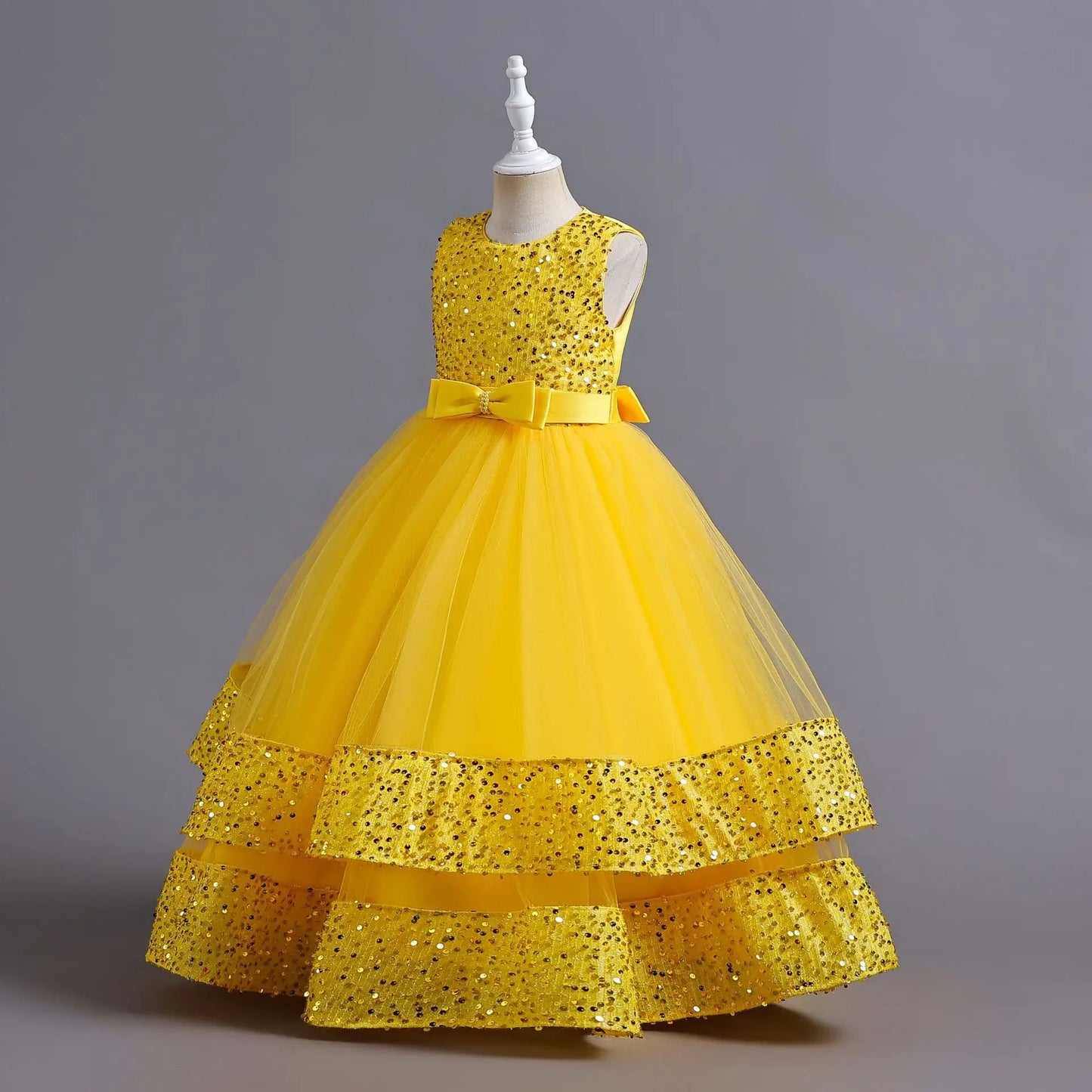 Children's Sequins Bowknot Princess Dress Girls' Fashion Pearl Cake Long Dress Christmas Banquet Host Show Dress